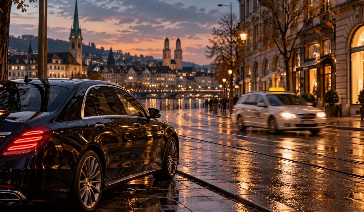 Black executive chauffeur sedan and a taxi on a Zurich street at dusk