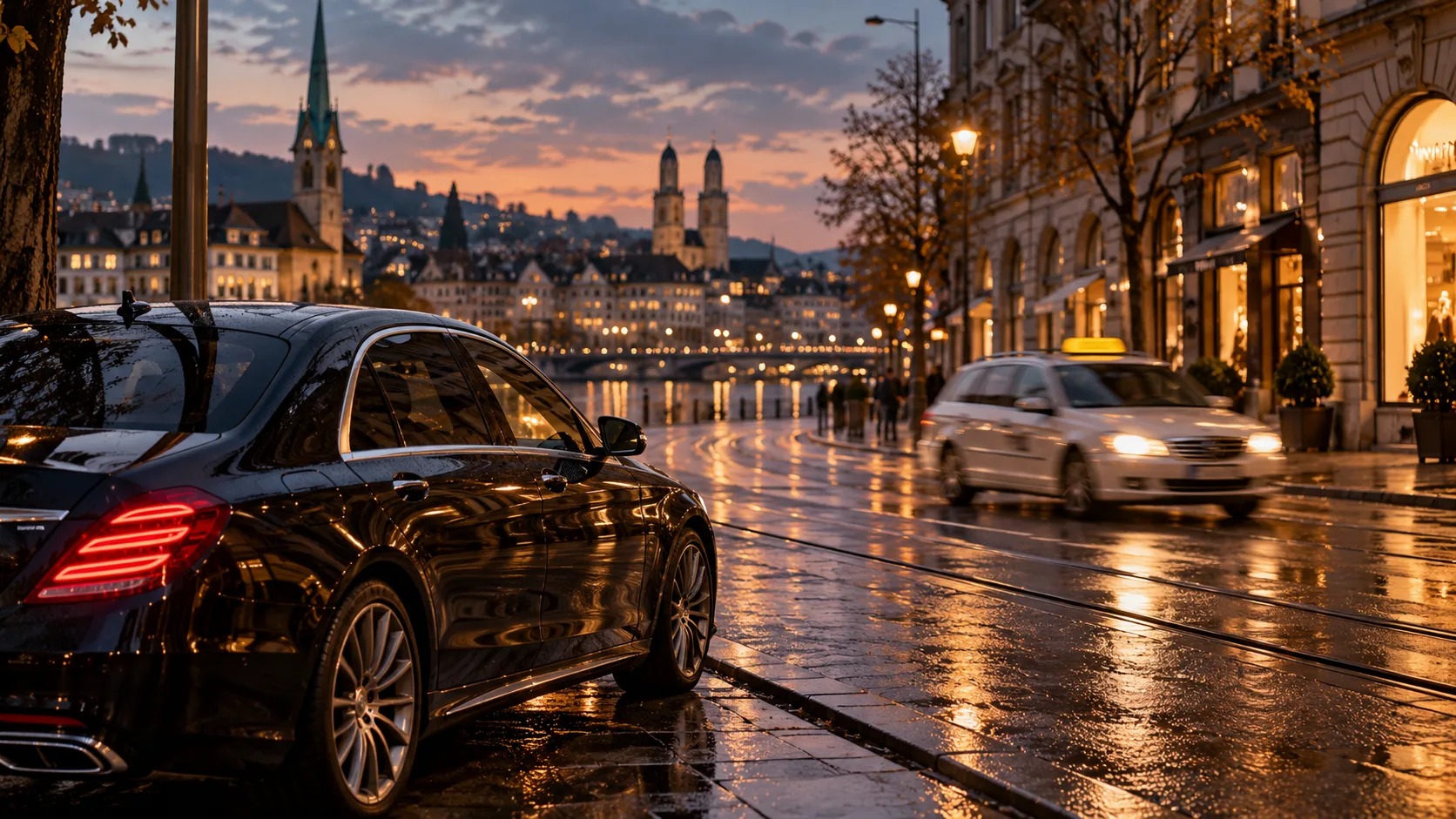 Black executive chauffeur sedan and a taxi on a Zurich street at dusk