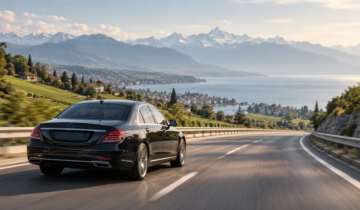 Black chauffeur sedan on a Swiss motorway between Zurich and Geneva