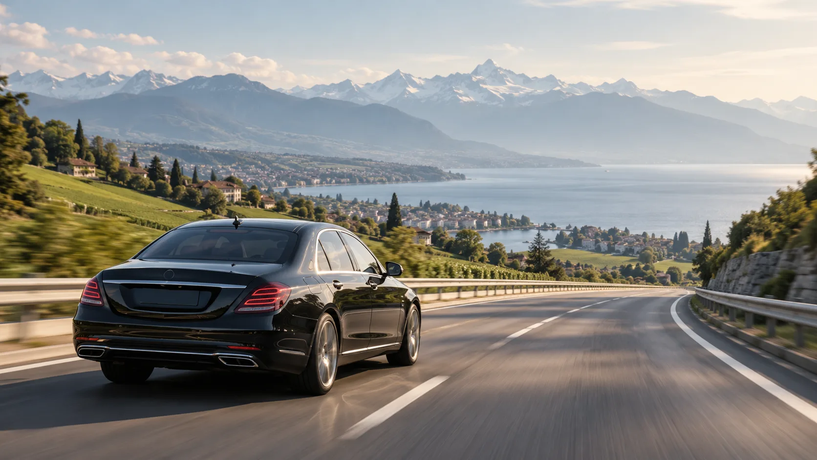 Black chauffeur sedan on a Swiss motorway between Zurich and Geneva