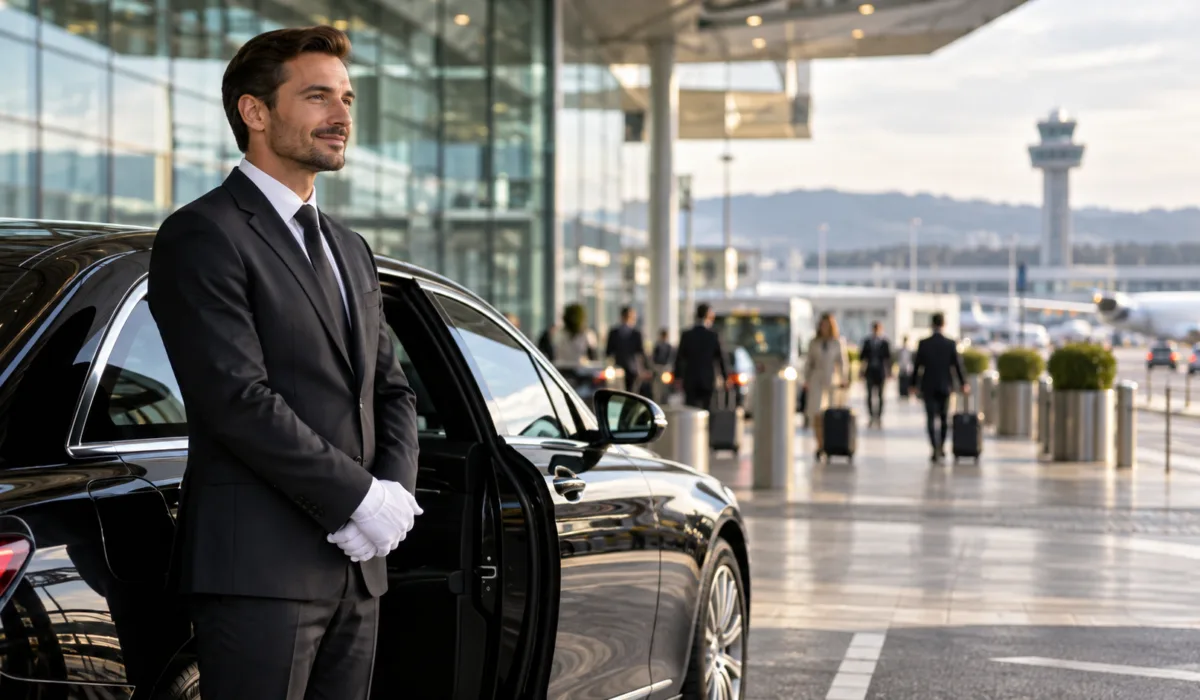 Professional chauffeur with a black car at Zurich Airport arrivals