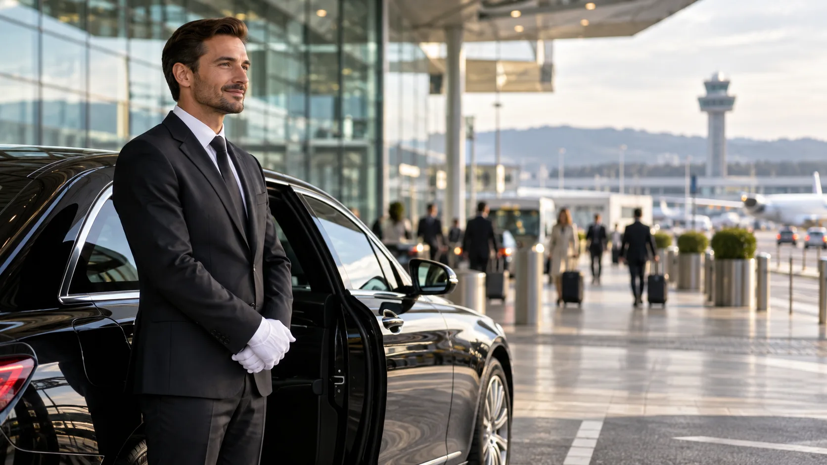 Professional chauffeur with a black car at Zurich Airport arrivals