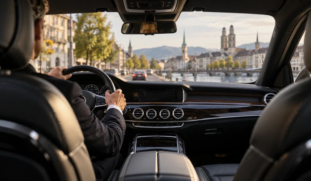 View from the back seat of a private chauffeur car in Zurich