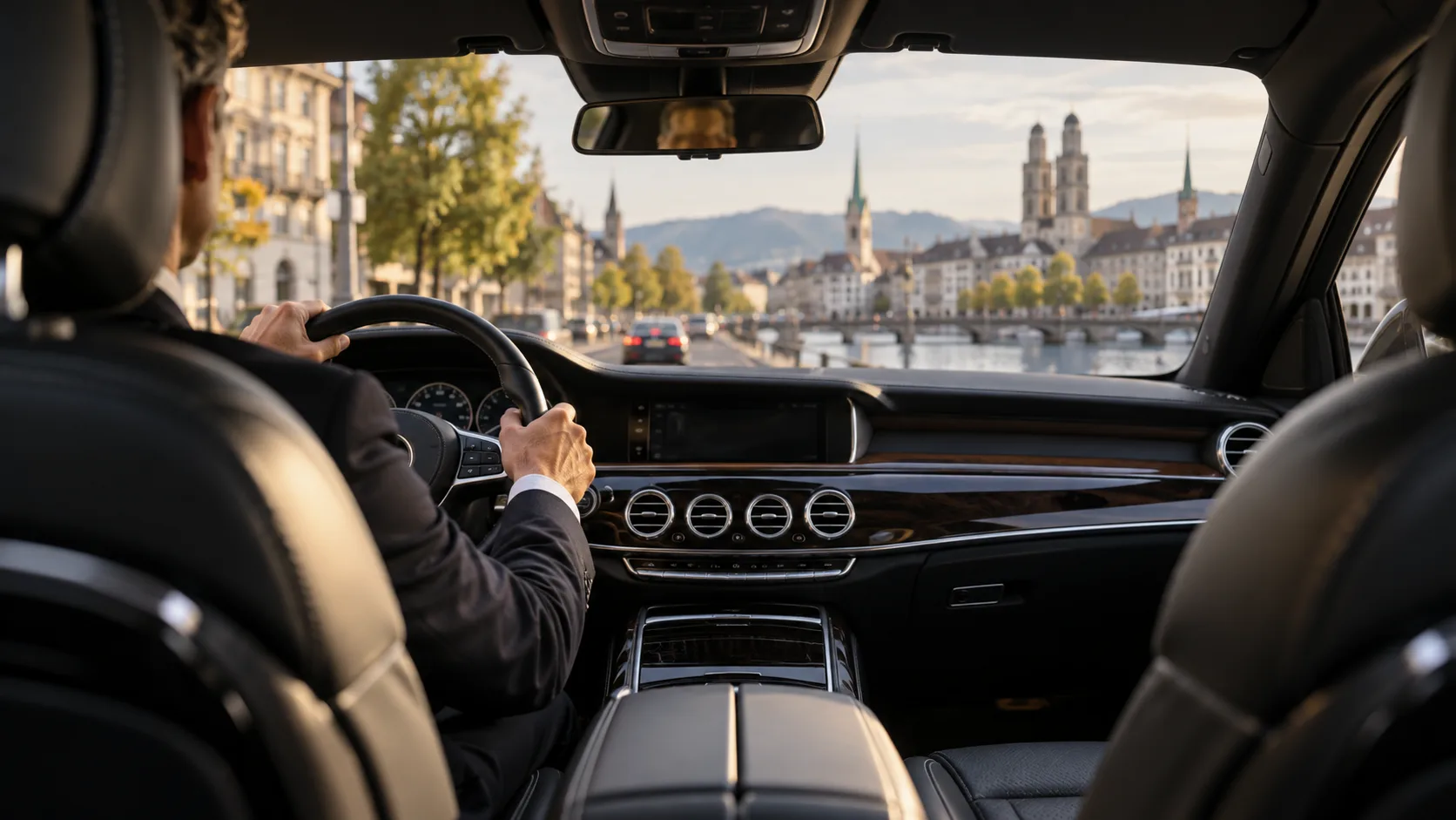 View from the back seat of a private chauffeur car in Zurich
