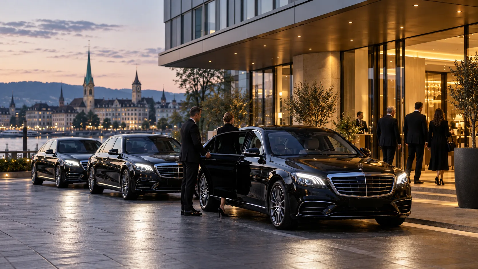 Black premium vehicles arriving at a Zurich corporate event venue