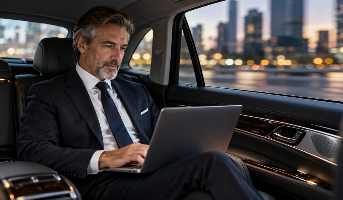 Executive working on a laptop in the back of a chauffeur car