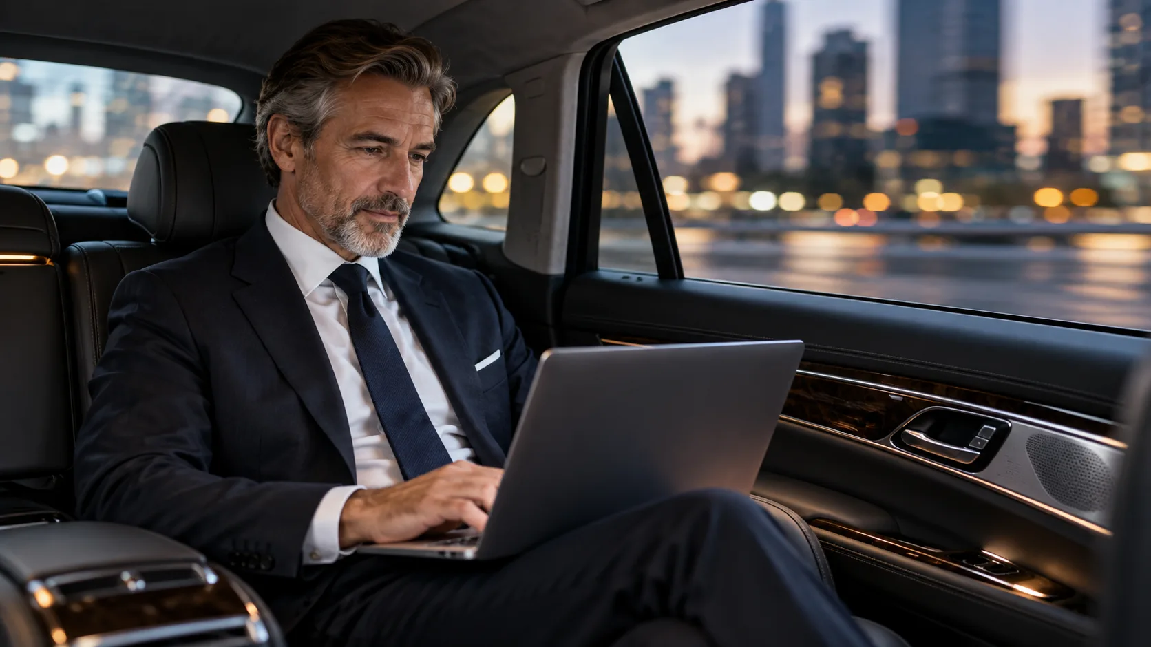 Executive working on a laptop in the back of a chauffeur car
