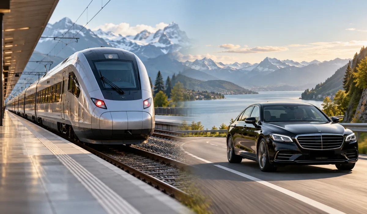 A Swiss intercity train and a private chauffeur sedan compared
