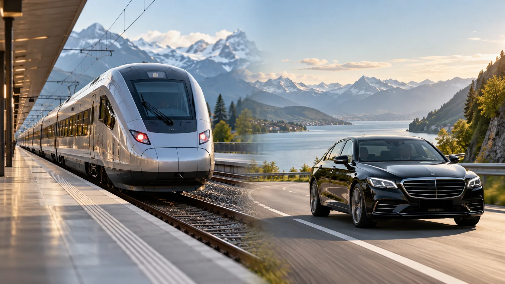 A Swiss intercity train and a private chauffeur sedan compared
