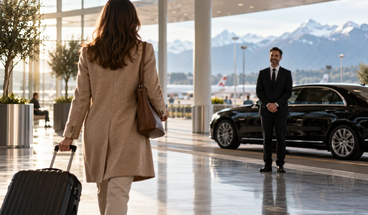 Traveler met by a chauffeur in the Zurich Airport arrivals hall